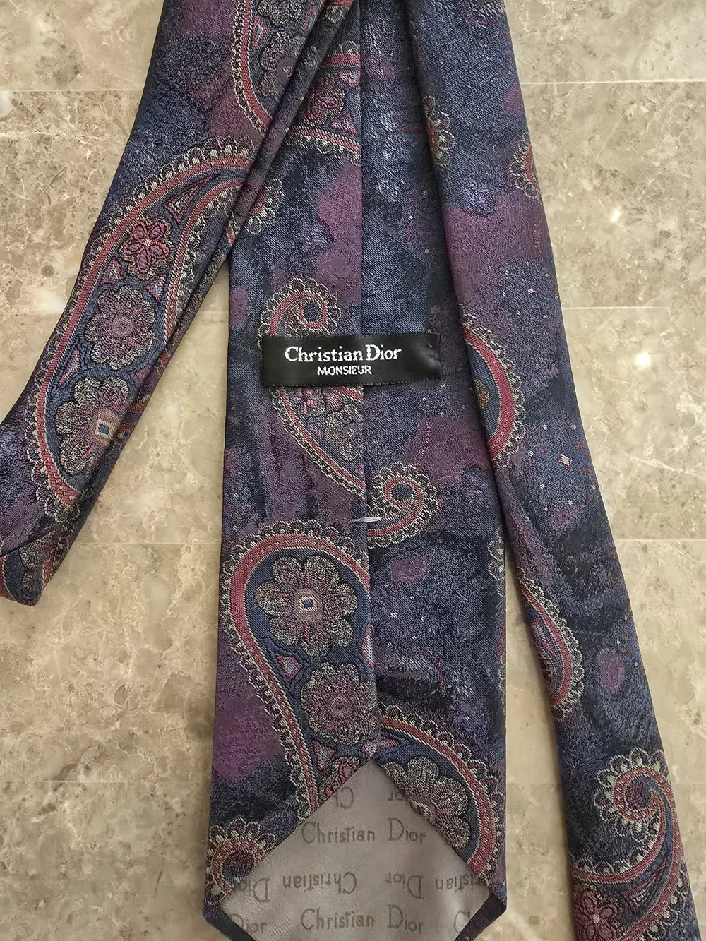 Vintage Dior Navy Blue and Purple Paisley Silk Tie